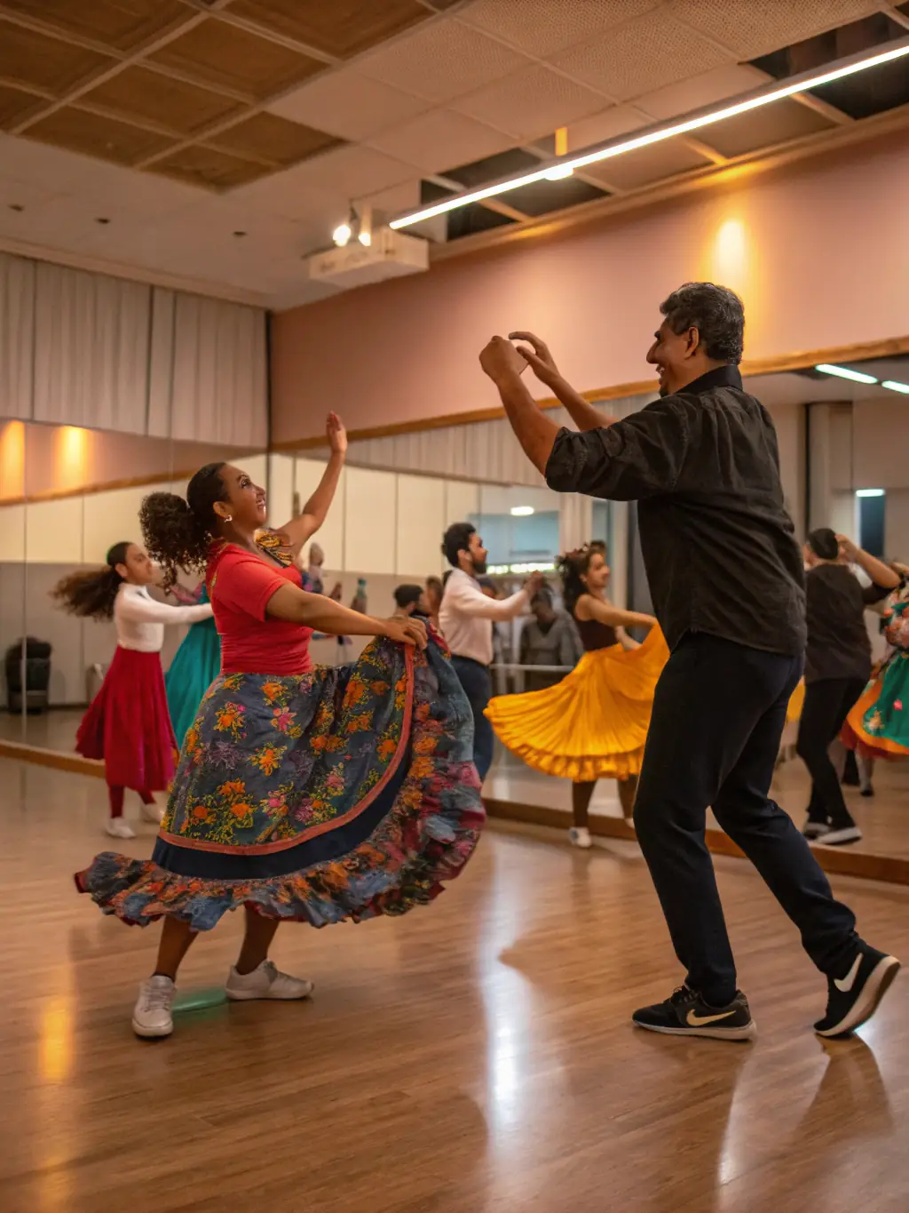 A lively scene of a multicultural music and dance workshop, with participants of various ages learning traditional French folk dances and playing instruments together.
