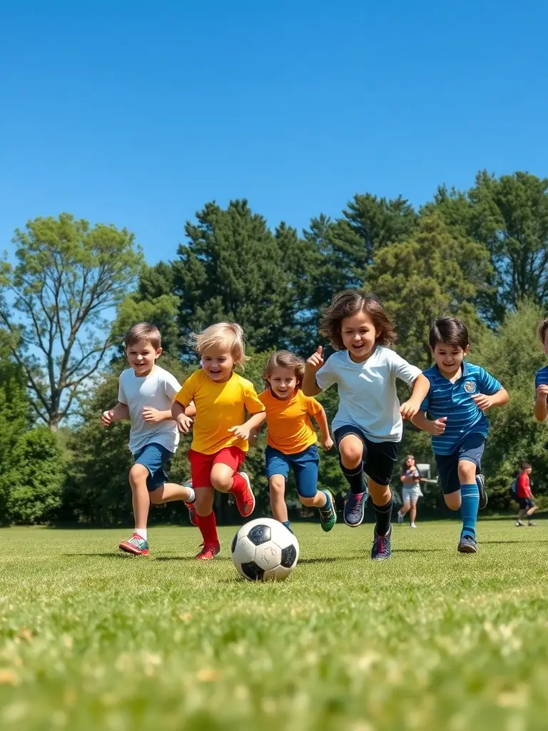 A vibrant photo of children and teenagers playing soccer together on a green field, with coaches encouraging teamwork and inclusion, representing a community sports event organized by the federation.