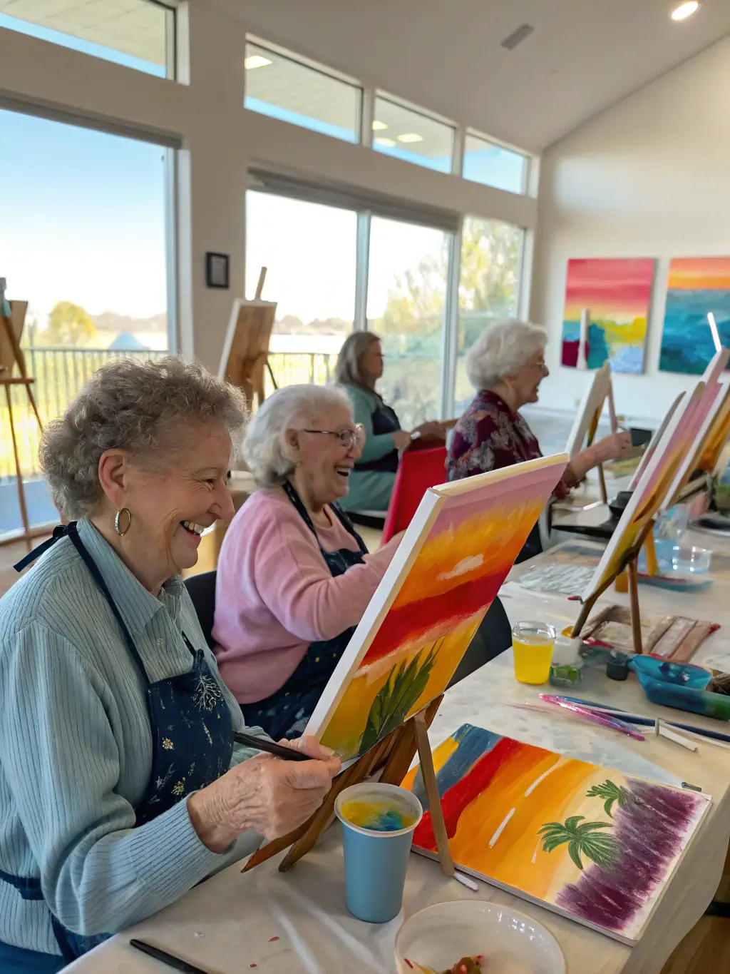 A lively image of a group of adults and seniors participating in a creative painting workshop, with colorful canvases and smiling faces, highlighting intergenerational cultural engagement.