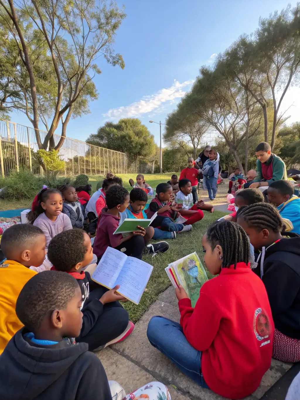 A group of children and teenagers of diverse backgrounds participating in an outdoor educational workshop, with a facilitator guiding them, set in a community park in Cher, France.