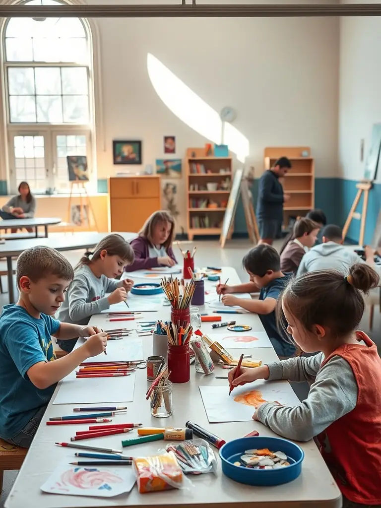 A creative arts and crafts session in progress, with children and adults painting, sculpting, and displaying their colorful artwork in a bright community center.