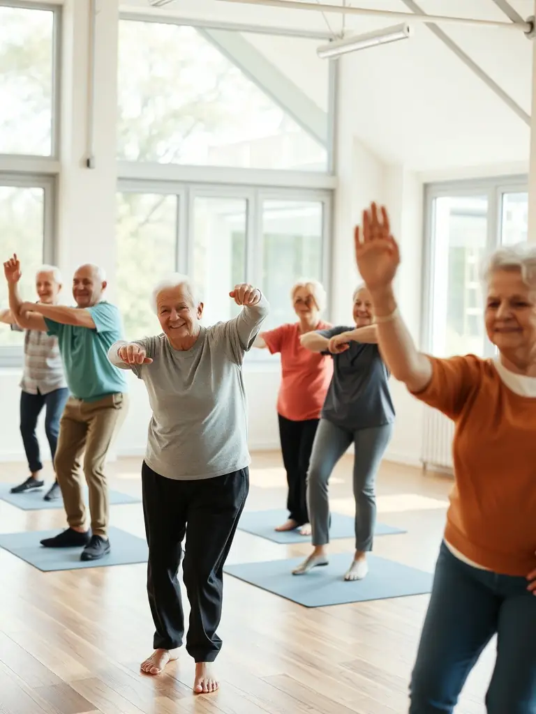 A dynamic image of a group of adults and seniors participating in a gentle group fitness class in a local gymnasium, with an instructor leading stretching exercises.