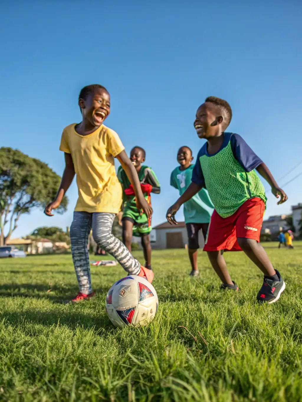 A vibrant photo of children and teenagers playing soccer together on a sunny community field, with supportive coaches and families cheering in the background, representing inclusive youth sports.