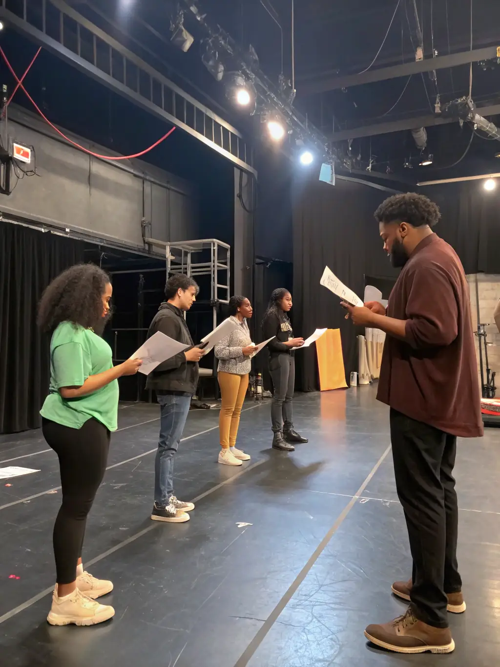 A dynamic photo of a community theater rehearsal, with participants of all ages practicing on stage, costumes and scripts in hand, under the guidance of a local director.