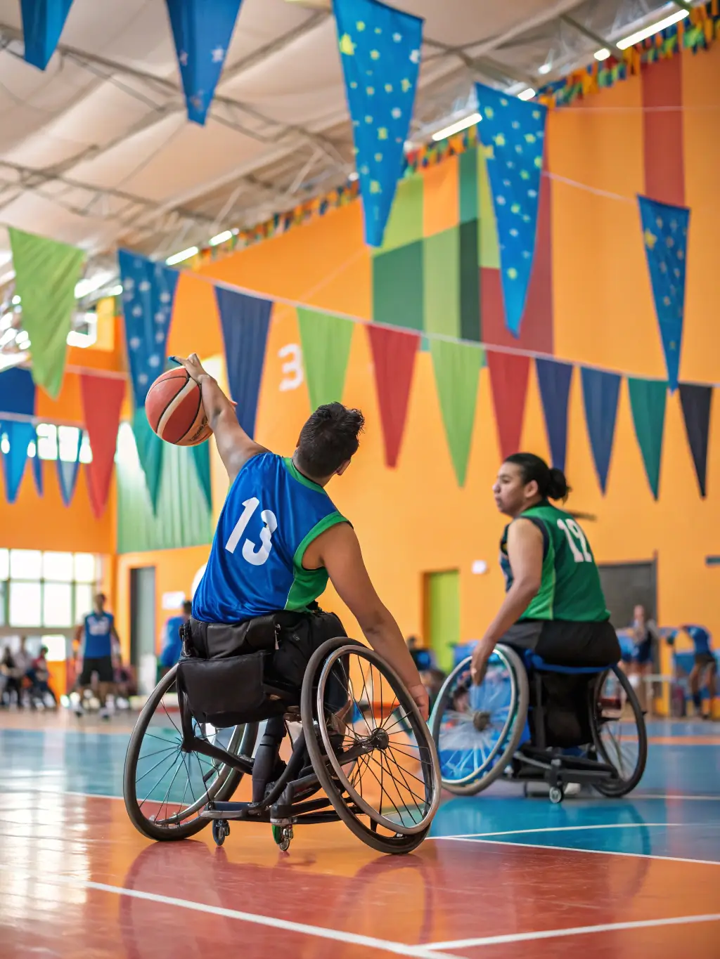 A wheelchair basketball game in progress, featuring both able-bodied and disabled participants, with enthusiastic spectators cheering in a local gymnasium.