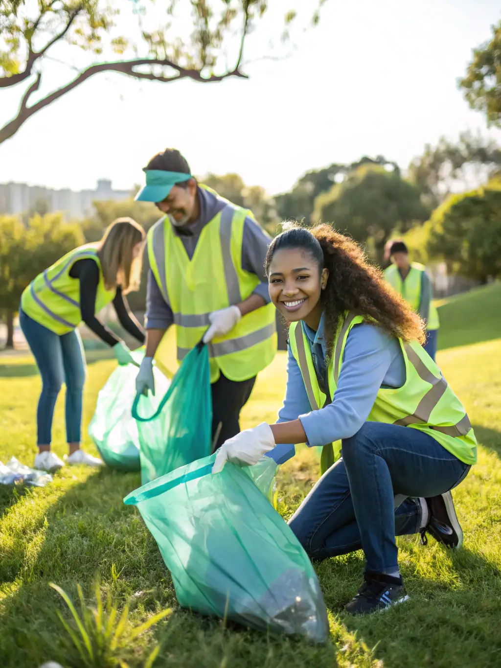 An inspiring image of volunteers organizing a neighborhood clean-up, collecting litter in a park, with visible teamwork and a sense of civic pride.