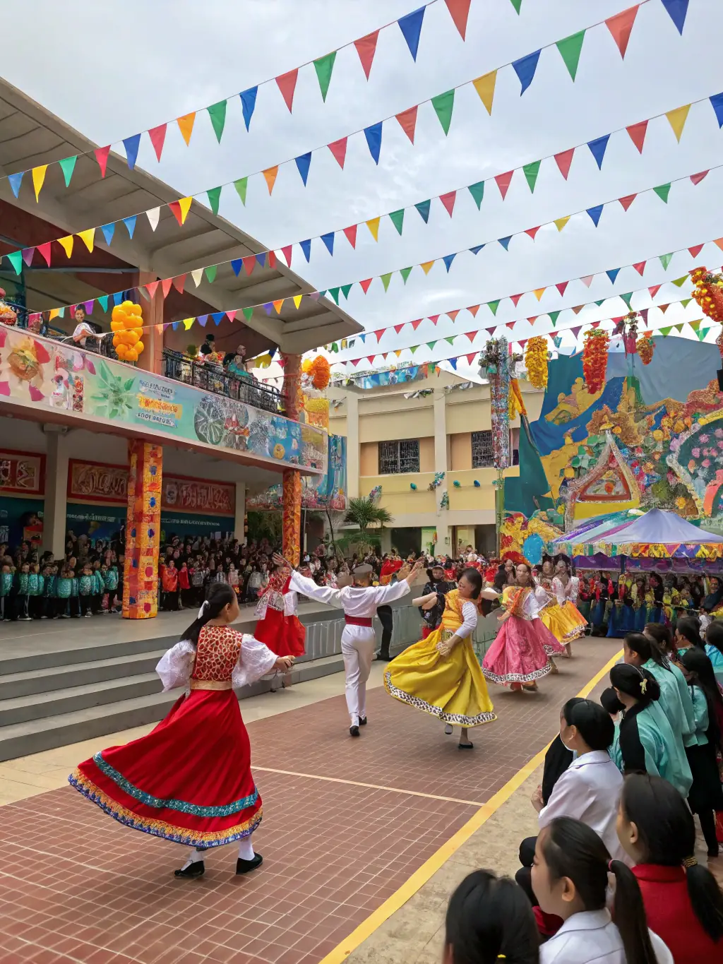A multicultural festival scene with families sharing traditional foods, dancing, and enjoying music together in a decorated community center.